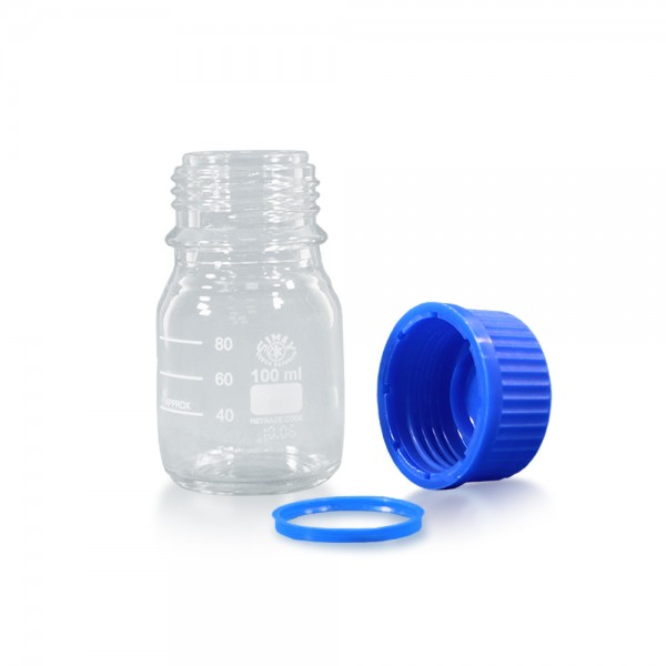 100 ml Laborflasche Glas + blauer Kappe + Ring