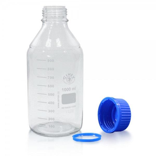 1000 ml Laborflasche Glas + blauer Kappe + Ring