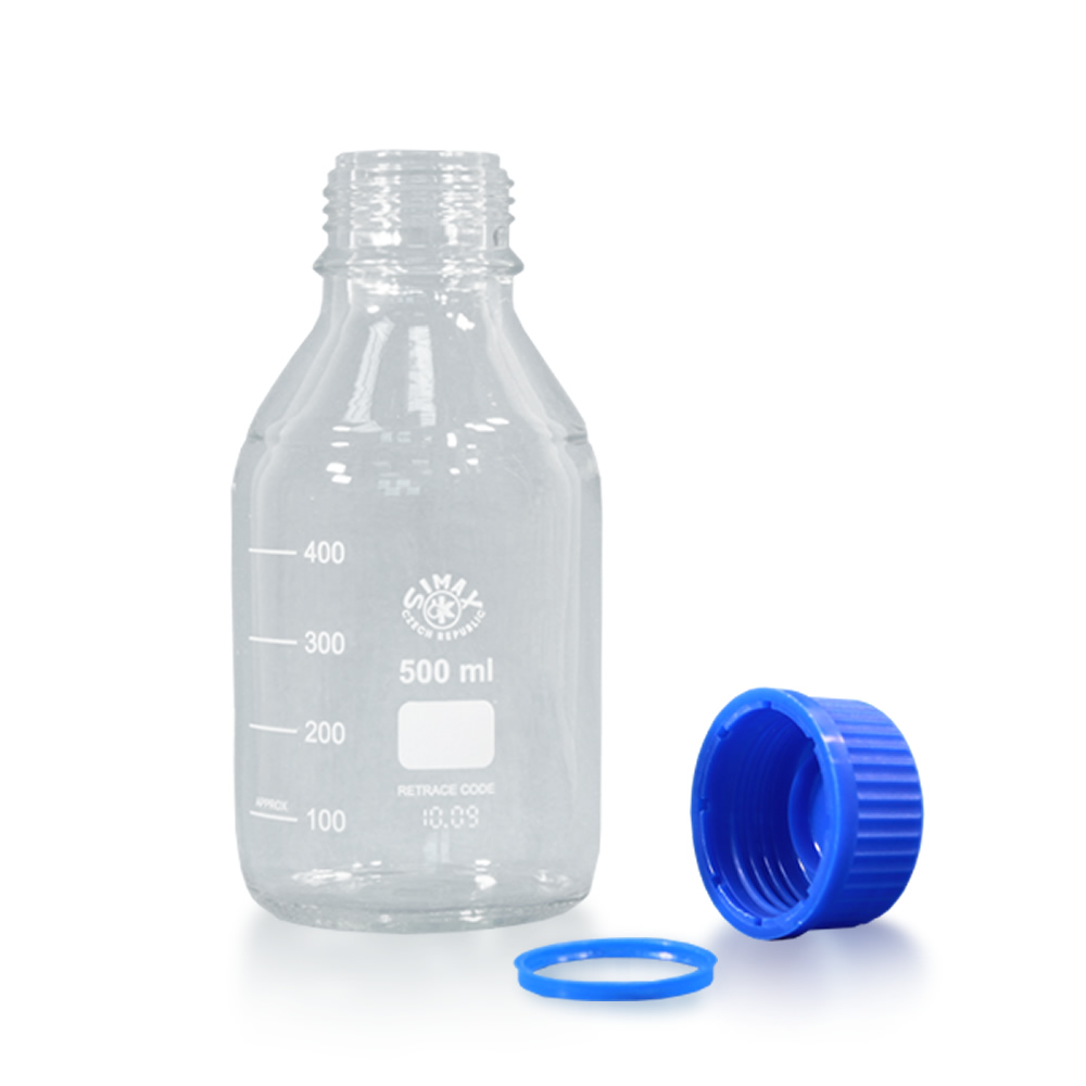 500 ml Laborflasche Glas + blauer Kappe + Ring | Borosilikatglas | Laborflaschen